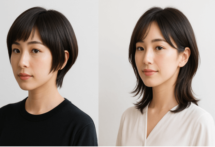 左：マッシュスタイル（頬ラインで丸み） 右：ウルフスタイル（後頭部に丸み、襟足の重み）