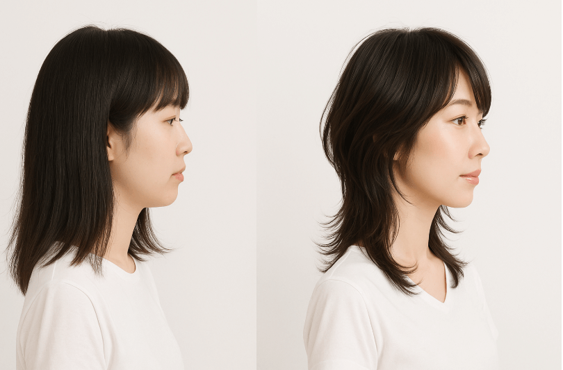 左側に「重ためワンレングス」や「すきすぎた毛先」の失敗例、右側に「自然なレイヤーで整えた理想のウルフカット」